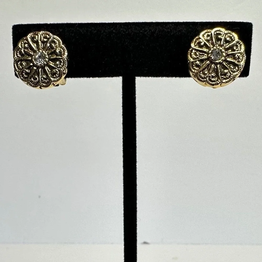 Gold Tone Rhinestone Floral‎ Rosette Clip On Earrings